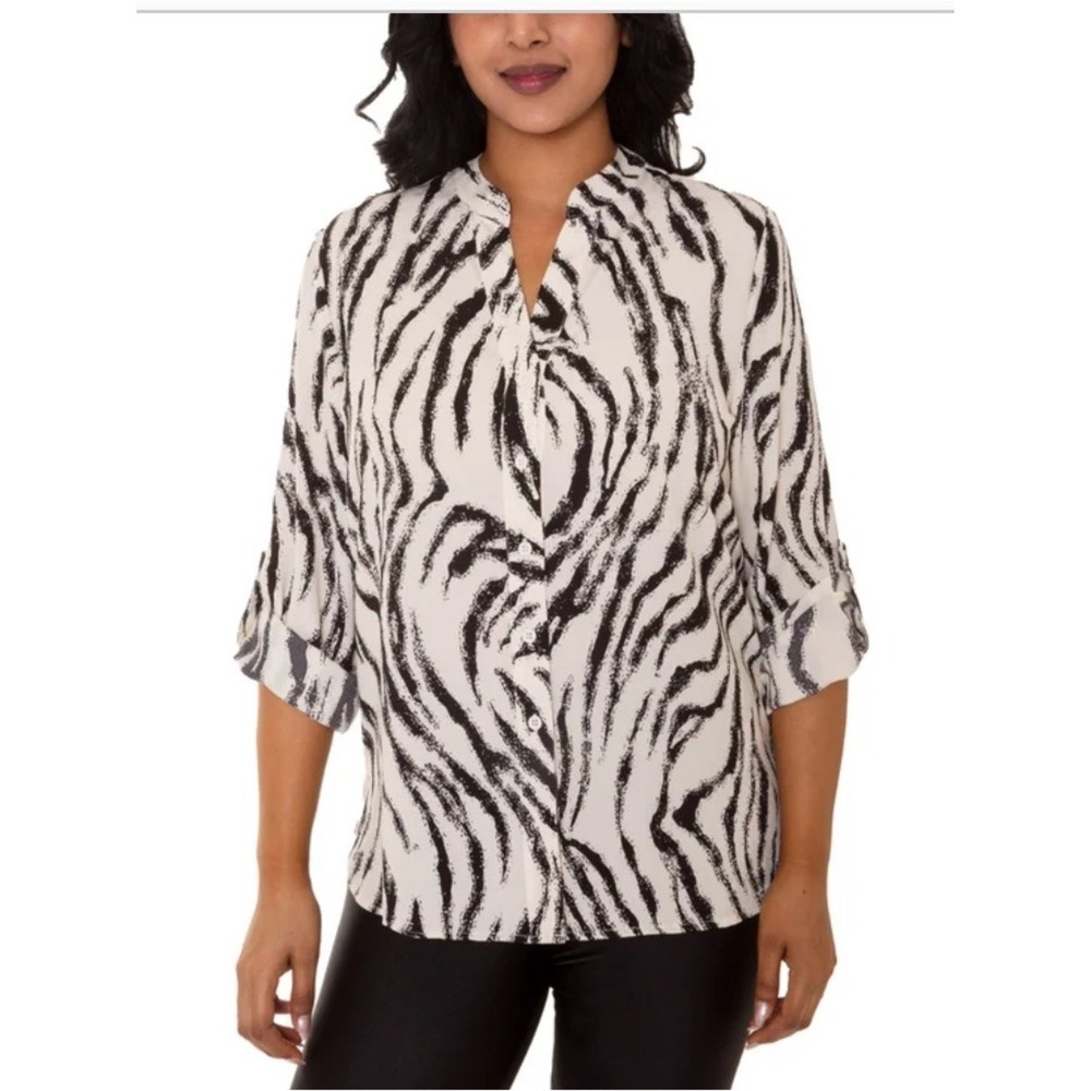 Mario Serrani Button Front Blouse Ivory Black Zebra Print XL New